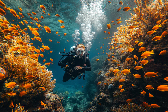 Plong&eacute;e sous-marine avec jardins de corail et bancs de poissons