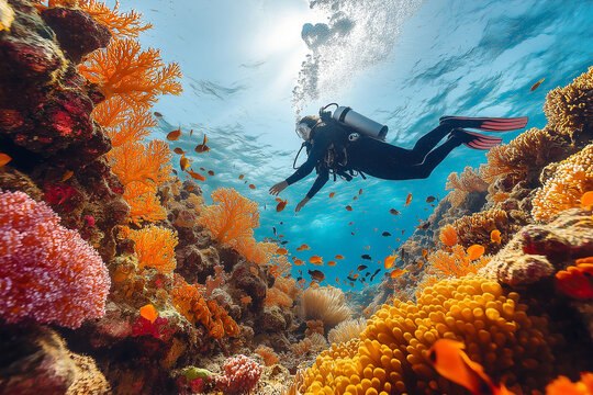 Plong&eacute;e sous-marine avec jardins de corail et bancs de poissons