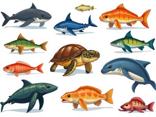 Diverse Marine Life Collection Sharks Fish Turtle Ocean Wildlife Illustration