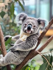 Obraz premium Koala relaxing on eucalyptus branch, zoo background, wildlife photography, nature conservation
