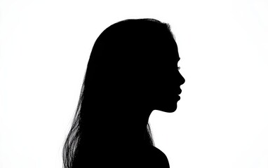 Fototapeta premium Silhouette profile of a woman with long hair against a bright background, highlighting elegance and mystery.