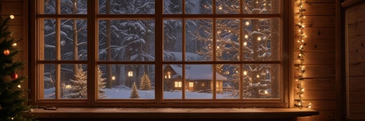 A warm glow emanates from a wooden cabin's interior as snowflakes gently fall outside, with Christmas tree lights reflected in the window's glass , wooden cabin, cozy atmosphere