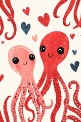 Two cute, cartoon-style octopuses, one pink and one red, surrounded by hearts, exuding a playful and affectionate vibe.