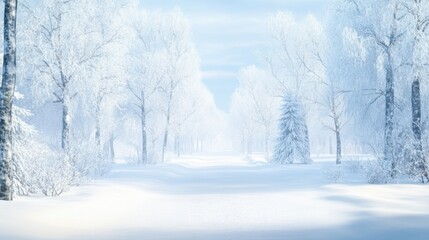 Fototapeta premium Snow-covered trees line a tranquil, snowy landscape under a bright, hazy sky