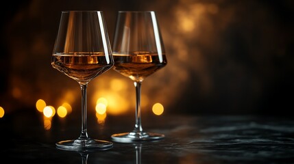 Two glasses of amber liquid on dark surface with blurred lights.