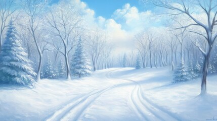 Obraz premium A serene snowy landscape with tire tracks on a winding road amidst bare trees and fluffy clouds