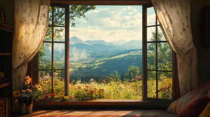 Fototapeta premium Beautiful window views mountain view nature landscape scene scenery wallpaper backdrop