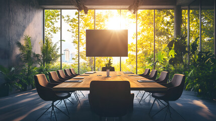 Corporate boardroom filled with serious executives discussing strategic plans. Focus on teamwork, decision-making, and corporate growth.