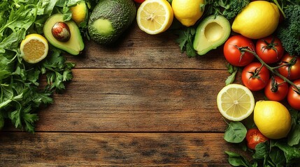 Fresh Vibrant Vegetables and Fruit on Rustic Wooden Background