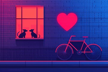 A vibrant illustration featuring two dogs looking out a window, a heart symbol, and a bicycle against a colorful urban backdrop.