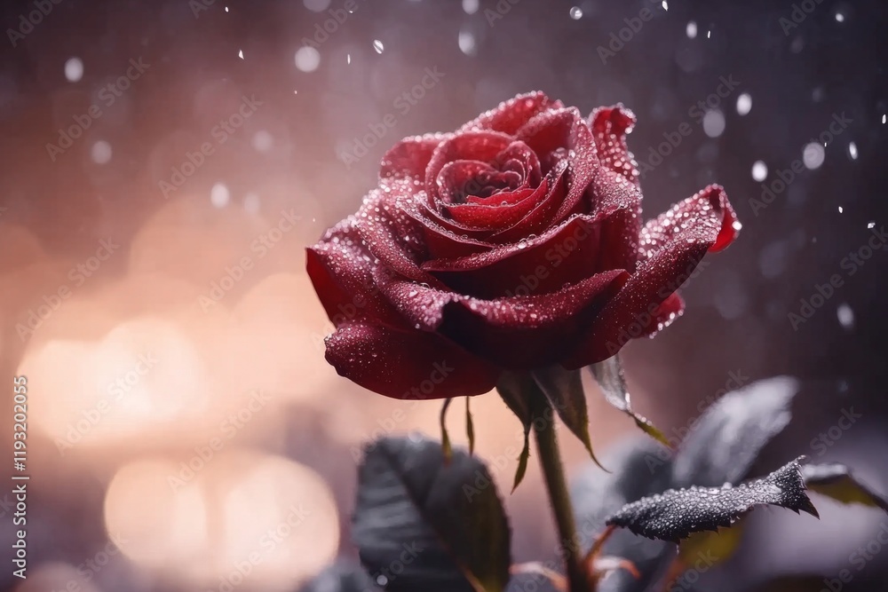 Poster a hyper-realistic close-up of a single red rose with dew drops glistening on its petals, set against