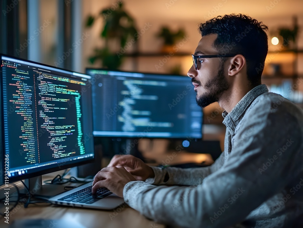 Aufkleber Focused Programmer Working on Code at Night in a Modern Office Environment with Dual Monitors and Soft Ambient Lighting
