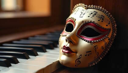 Ornate musical mask on piano keys in warm light, symbolizing art and mystery