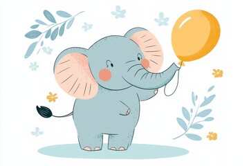 Fototapeta premium Cute happy elephant holding balloon in celebratory art style