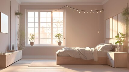 Fototapeta premium Serene Minimalist Bedroom Interior Design with Sunlight Streaming Through Window