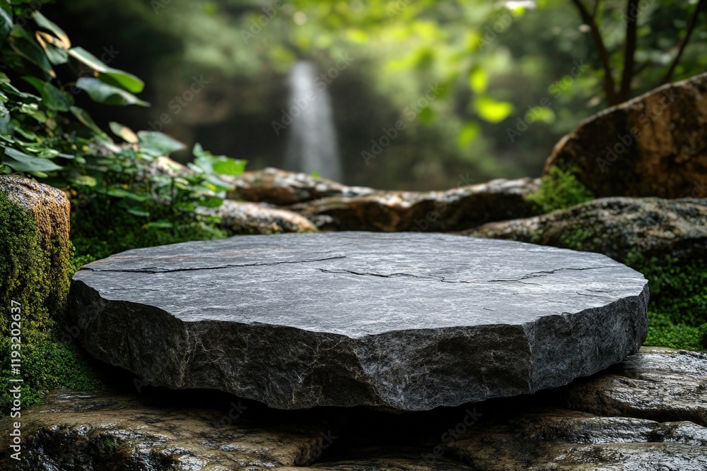 Poster small flat stone podium on rock platform surrounded by lush greenery with a blur of waterfall backgr