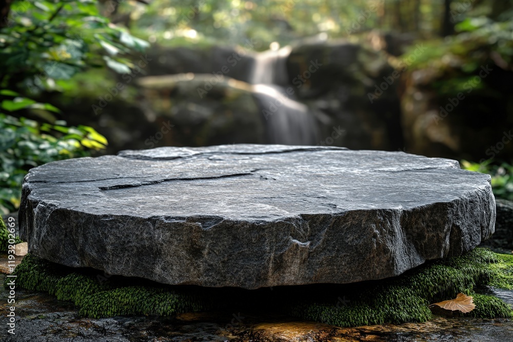 Poster flat stone platform on rock surrounded by lush greenery and waterfall in nature setting, 3d realisti