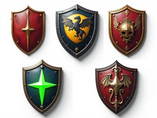 Fototapeta premium Five Fantasy Heraldic Shields Medieval Dragon Skull Star Bat Designs