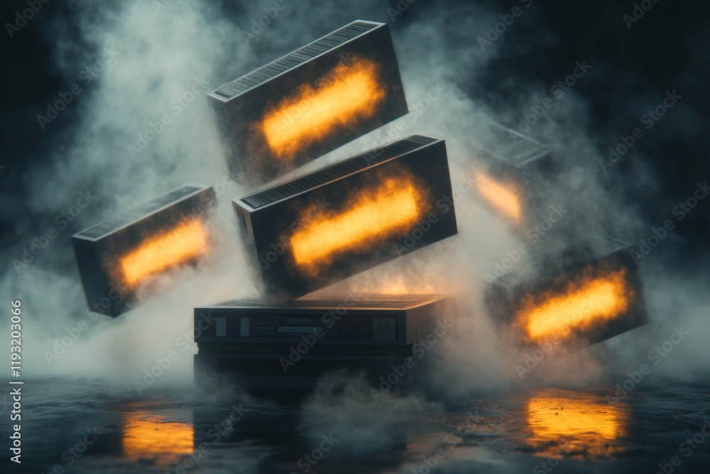 Poster a magical vcr glowing with ethereal light, with enchanted vhs tapes floating mid-air and casting shi