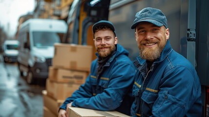 Two smiling delivery men leaning on boxes by van.