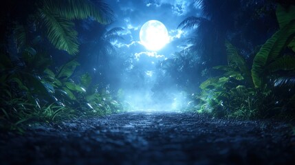 Fototapeta premium Enchanted Moonlit Jungle Path Surrounded by Lush Foliage and Mystical Atmosphere