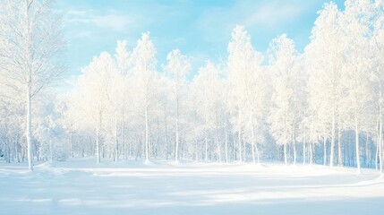 Fototapeta premium A serene winter landscape with snow-covered trees under a light blue sky