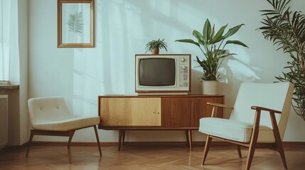Mid Century Modern Living Room Interior with Vintage TV Chairs and Plants