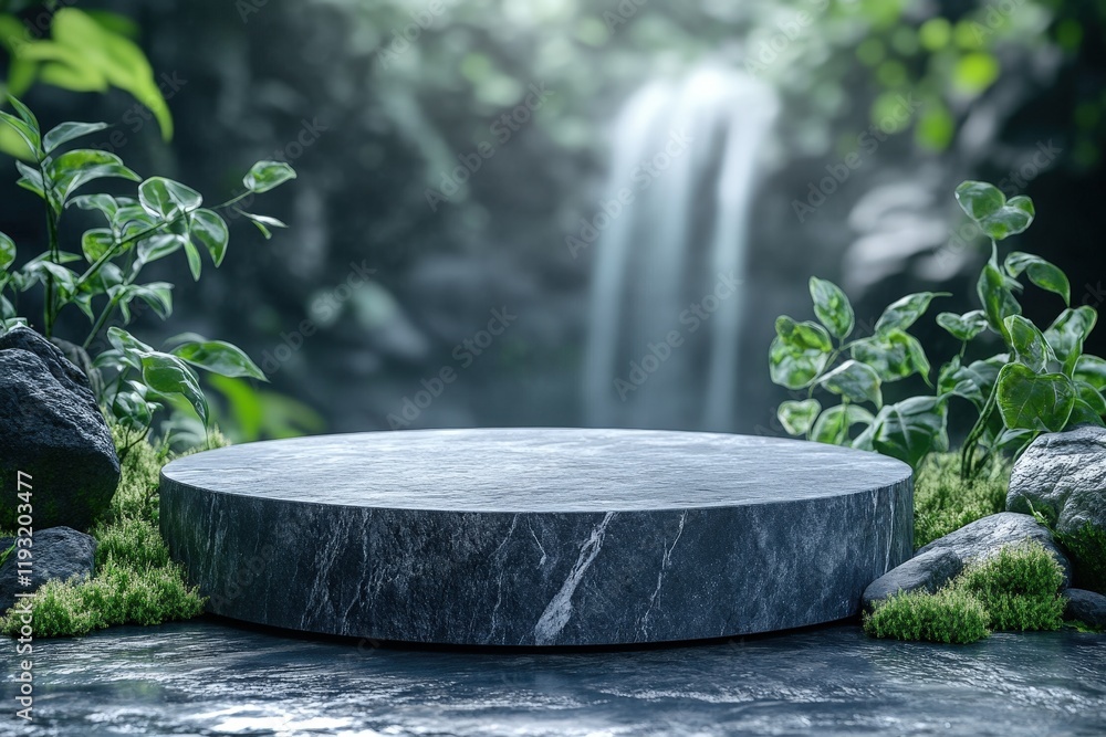 Poster small flat stone podium on rock platform in serene nature setting with waterfall and lush greenery i
