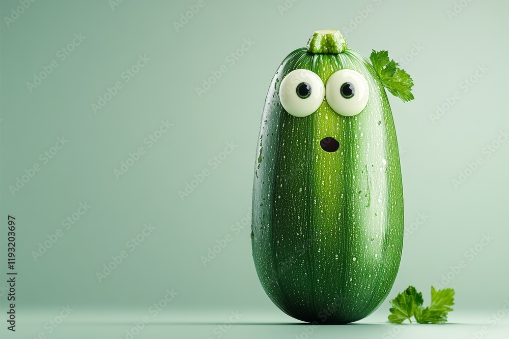 Poster a minimalist depiction of a single zucchini, rendered in clean geometric shapes with soft green tone
