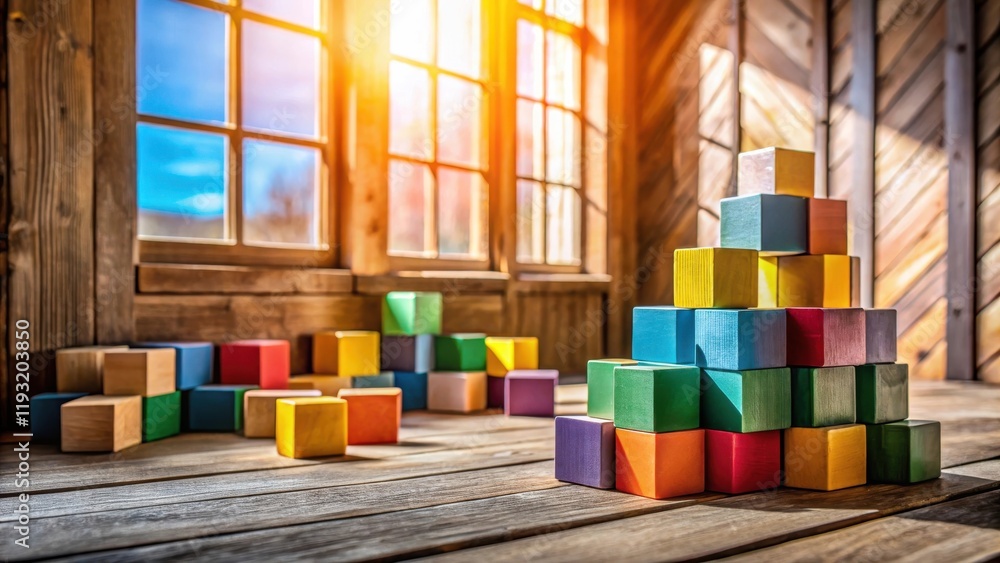 Aufkleber colorful wooden blocks arranged in a pyramid and scattered on a rustic wooden floor near a sunlit wi