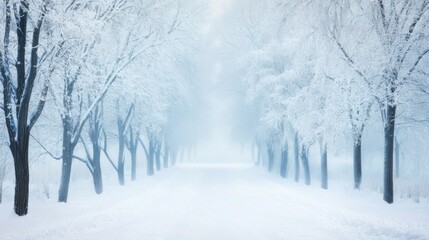 A snowy path lined with bare trees fading into mist