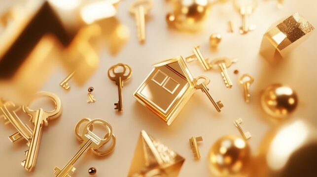 A golden collection of keys and house-shaped keychains scattered on a light surface