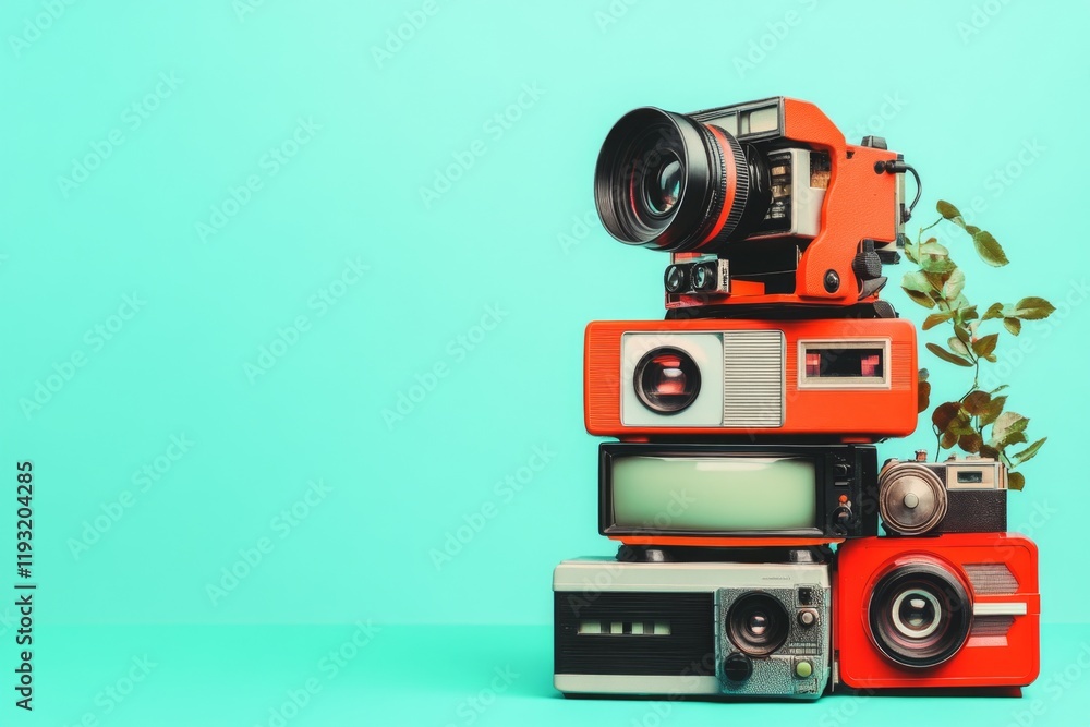 Poster A minimalist representation of a stack of VHS tapes, with simple bold shapes and muted colors evoking nostalgia