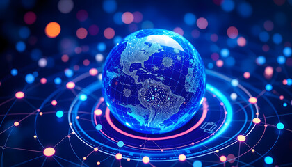 Obraz premium Shiny blue earth with 3d lines and colorful circles around. Technology and global network concept, mindfulness theme, with white tones