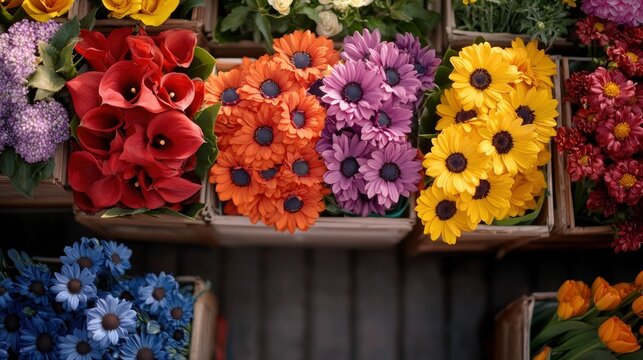 Colorful assortment of fresh flowers in vibrant hues at a outdoor market stall