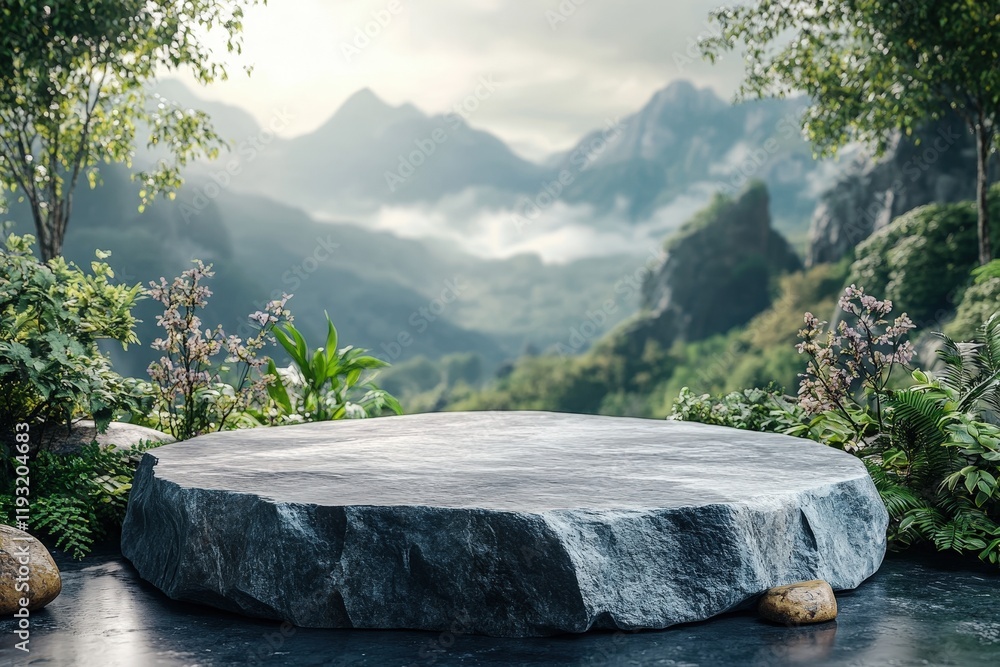 Poster scenic stone podium surrounded by lush nature with mountain background and clouds in a 3d format for