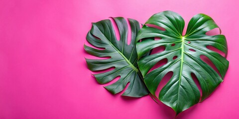 Obraz premium Vibrant Green Tropical Leaves on a Pink Background, Perfect for Summer Designs