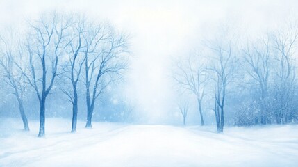 A fog-covered wintry landscape with bare trees lining a snow-blanketed road