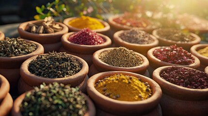 Fototapeta premium Colorful spices in earthen pots at outdoor market, sunlight. Use Food blog, recipe websites.