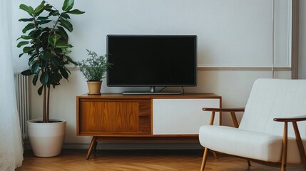 Modern Living Room Interior with Flat Screen TV Mid Century Modern Cabinet and Comfortable Armchair