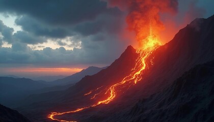 Dramatic Volcanic Eruption at Sunset with Molten Lava Flowing Down the Volcano