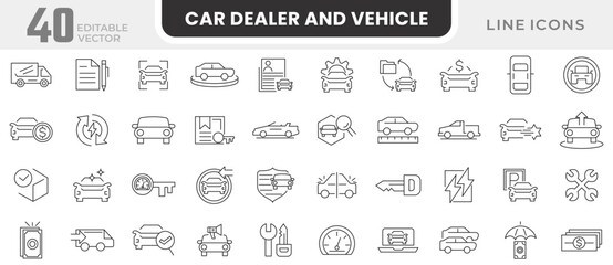 Car dealer, Vehicle and automobile line icon set. stats comparison, dealerships, vehicle, auto, car part, showroom, automobile industry, car service, warranty line icon set. Ui thin line icon pack