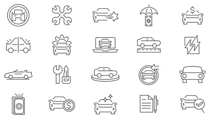Car dealer, Vehicle and automobile line icon set. stats comparison, dealerships, vehicle, auto, car part, showroom, automobile industry, car service, warranty line icon set. Ui thin line icon pack