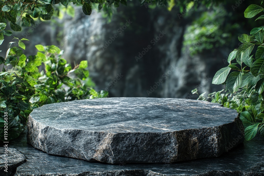Poster flat round stone podium on a natural rock platform surrounded by greenery in a 3d environment for di