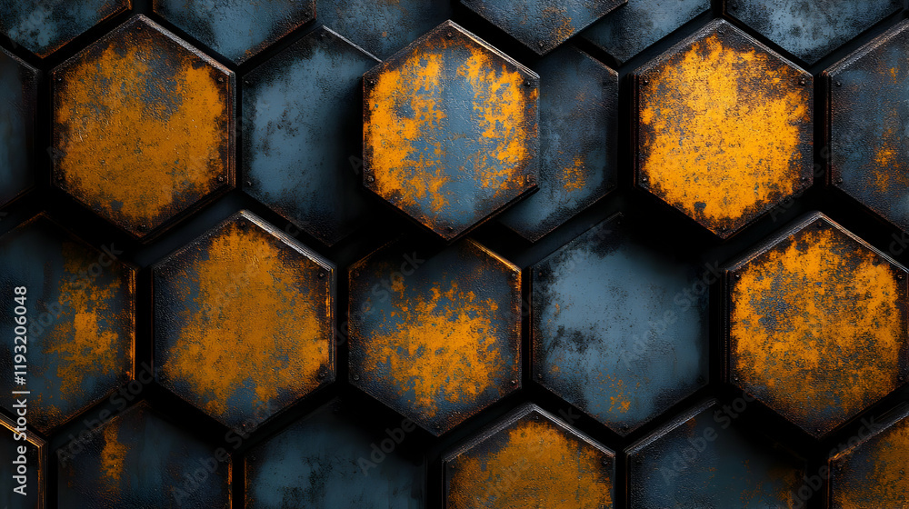 Poster dark blue and orange rusty hexagon pattern texture background