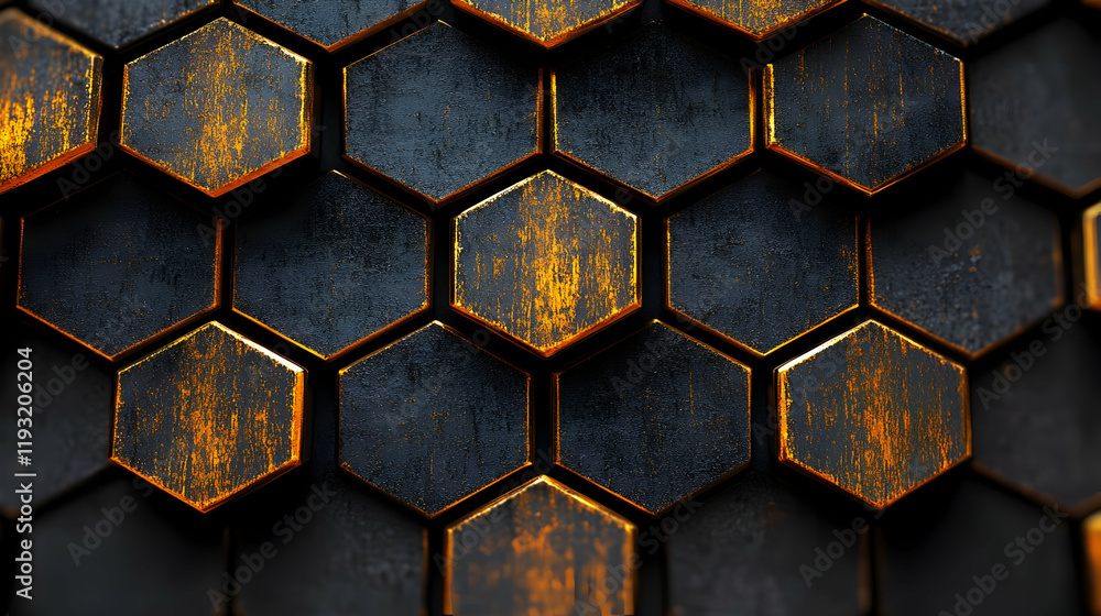 Poster dark hexagonal geometric pattern with gold accents: abstract metallic texture background