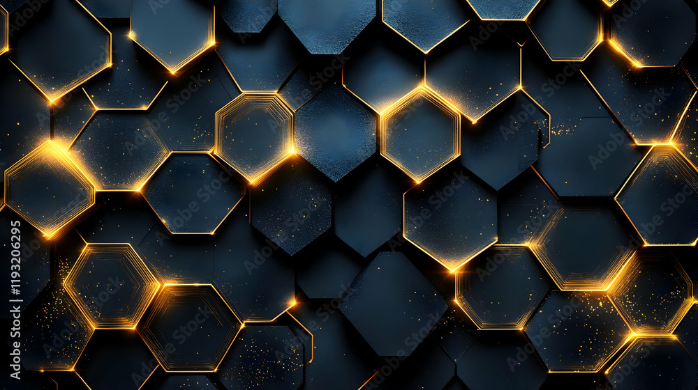 Poster dark abstract hexagon pattern with golden glow and sparkle