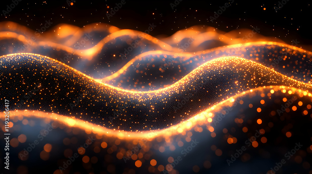 Poster dynamic glowing particles flowing in waves, abstract energy background