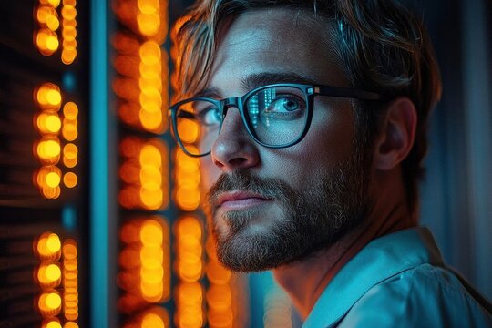 a successful female it specialist confidently operates a tablet in a bustling data center, immersed in augmented vfx displays, showcasing the forefront of cloud computing technology