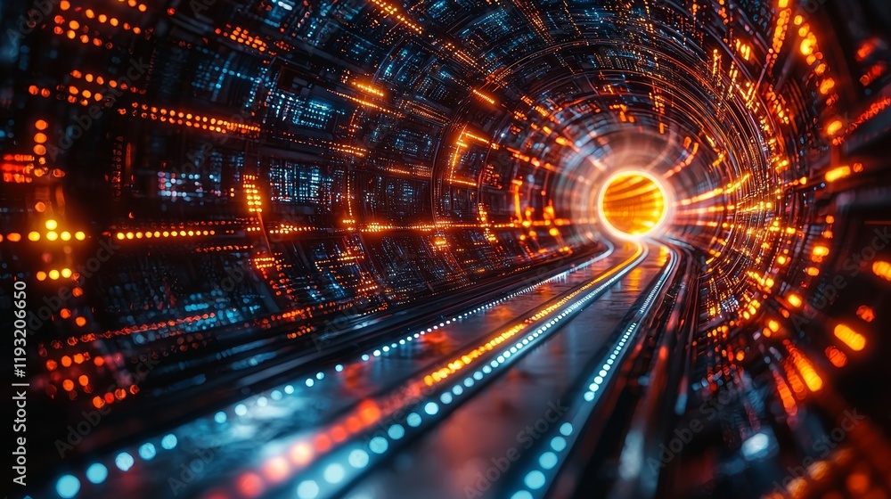 Poster in a sci-fi landscape, a close-up of a futuristic tunnel driven by dynamic technology acceleration, 